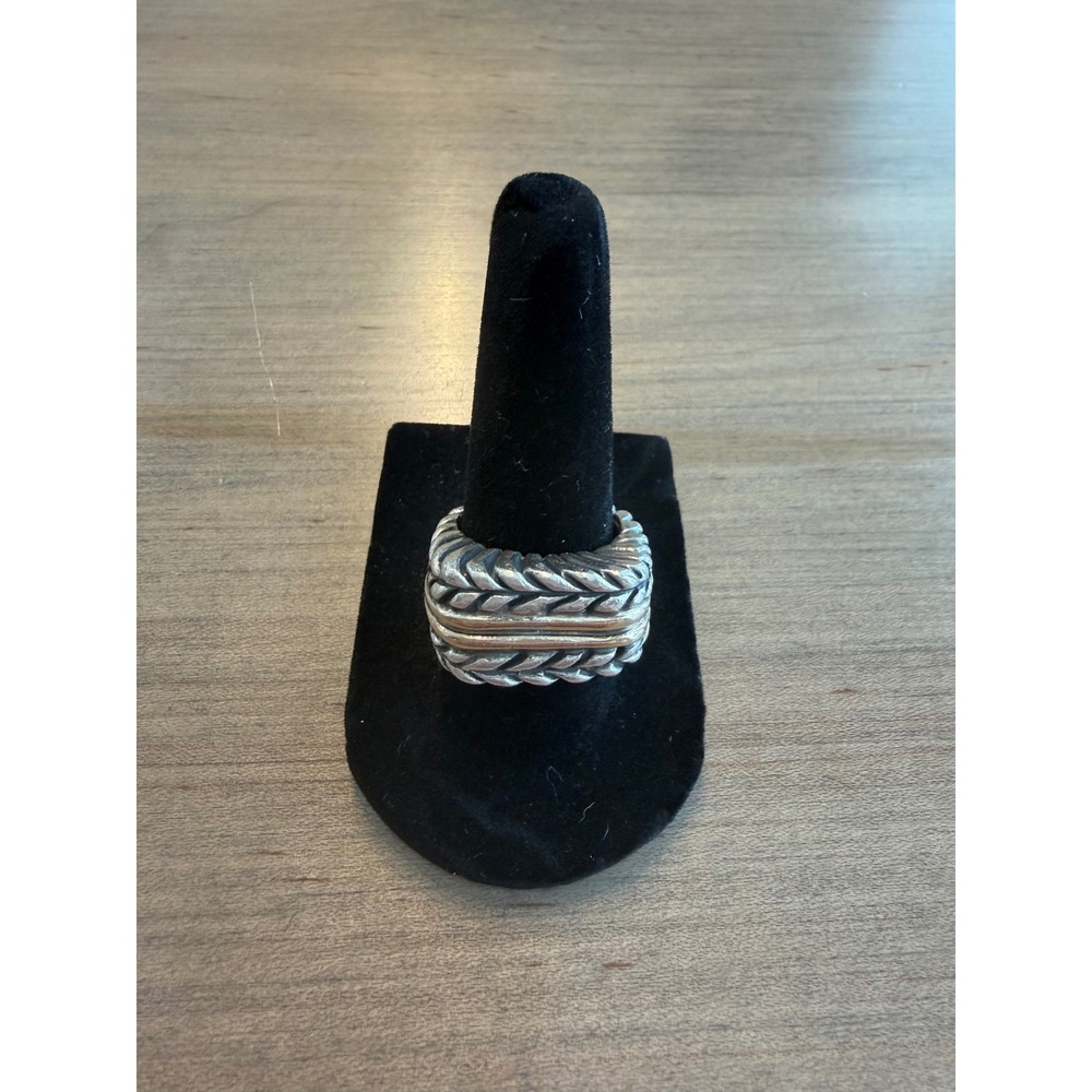 Dian Malouf Ring Women Size 7 Silver 14K Gold Chevron Cable Wheat Band Statement